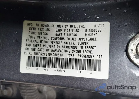 2013 Honda Accord Ex-L из США, поврежденный, VIN 1HGCR2F81DA090630